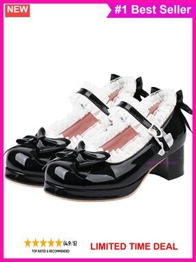 Kawaii Mid Block Heel Mary Jane Pumps with Bow Faux Leather